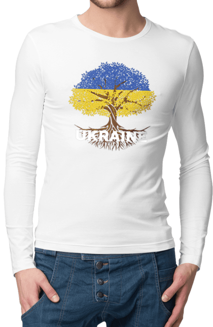 Чоловічій лонгслів з принтом "Прапор України Дерево та Коріння". Жовто-блакитний, жовто-блакитний прапор, прапор україни, україна, українець, українка, українське коріння, український, український прапор, я люблю україну. Milkstore