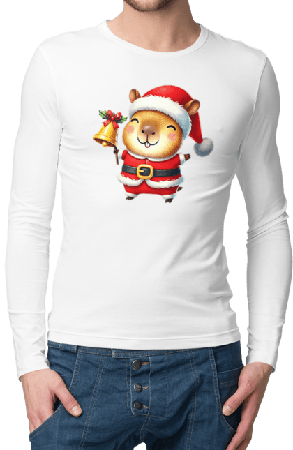 Men's longsleeve with prints Funny capybara with a bell. Animal, bell, capybara, christmas, christmas capybara, gift, holiday, new year, new year`s gift, santa. 2070702