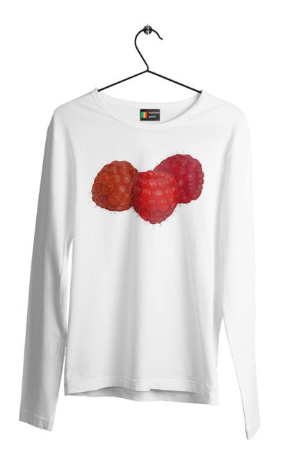 Чоловічий лонгслів з принтом "Малина". Веган, вегетаріанець, делікатес, дієта, їжа, літо, малина, плід, смачно, стигла, червона, ягода. 2070702