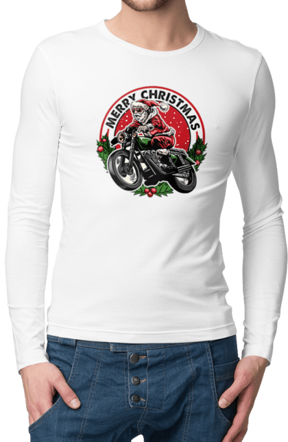 Чоловічий лонгслів з принтом "Щасливого Різдва, дід мороз на мотоциклі". 2022, дід мороз, зима, мотоцикл, новий рік, подарунки, різдво, санта, сніг. 2070702