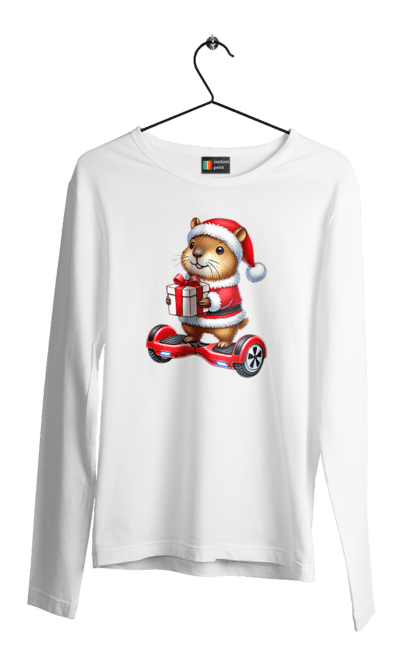 Men's longsleeve with prints Christmas Capybara with a Gift. Animal, capybara, christmas, christmas capybara, gift, holiday, new year, new year`s gift, santa. 2070702