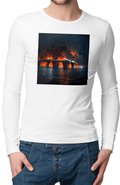 Чоловічий лонгслів з принтом "Кримський мост горить". Армія росії, армія україни, годить, зсу, крим, мост, удар, удар зсу. 2070702