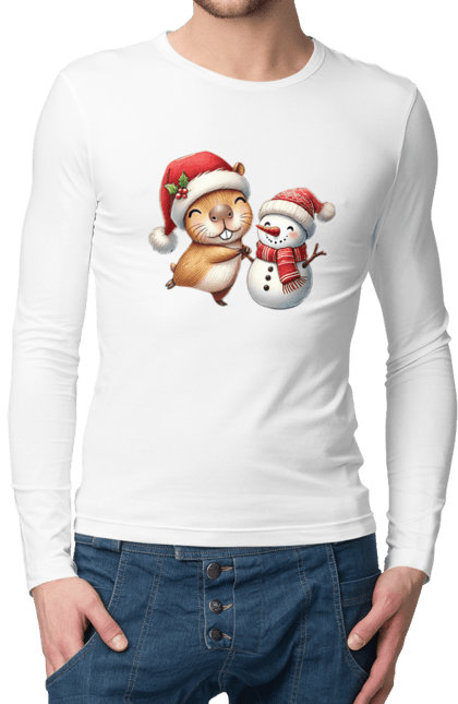 Men's longsleeve with prints Capybara and Snowman. Animal, capybara, christmas, christmas capybara, gift, holiday, new year, new year`s gift, santa, snowman. 2070702