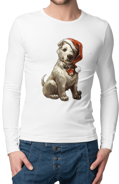 Чоловічій лонгслів з принтом "Зимовий собака з новорічною шапкою". Зима, новий рік, різдво, сніг, собака. CustomPrint.market