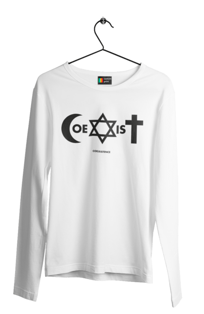 Чоловічій лонгслів з принтом "Coexist". Coexist, іслам, іудаїзм, міжрелігійний діалог, релігія, рівність, символи віри, толерантність, християнство. 2070702