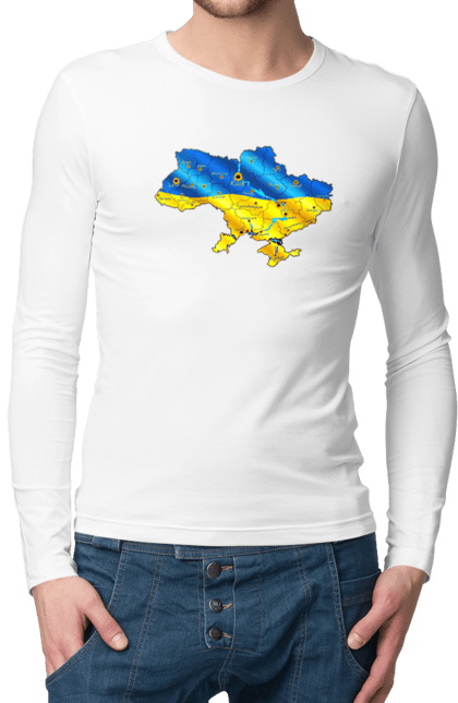 Чоловічій лонгслів з принтом "Мапа України, міста". Peace for ukraine, герб україни, карта україни, мапа україни, міста україни, прапор, прапор україни, стяг україни, тризуб. futbolka.stylus.ua