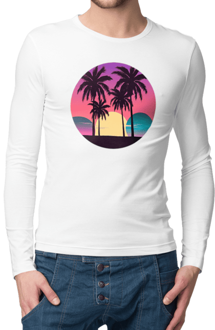 Чоловічій лонгслів з принтом "Пальмовий пляж  Потрійний місяць". Море, пальма, пальми, пальмовий пляж, пляж. futbolka.stylus.ua
