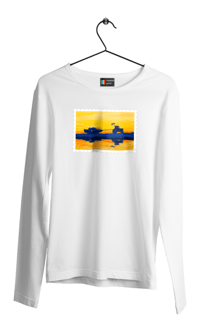 Чоловічий лонгслів з принтом "Нова марка, трактор що тягне танк". Добрий вечір, доброго вечора, марка, марка україни, марка укрпочта, ні війні, трактор тягне танк, тракторні війська, укрпочта. 2070702