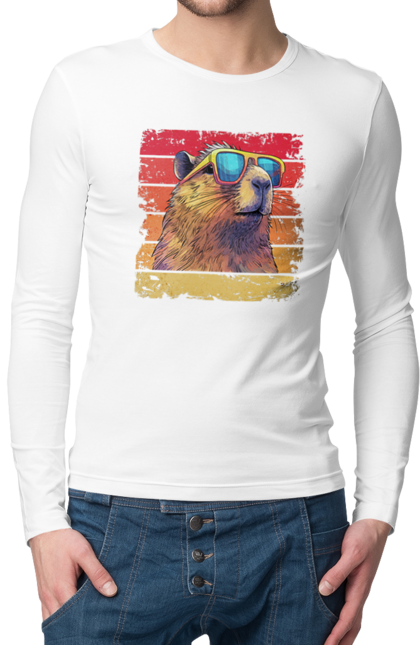 Men's longsleeve with prints Capybara. Animal, capybara, glasses, rodent. 2070702