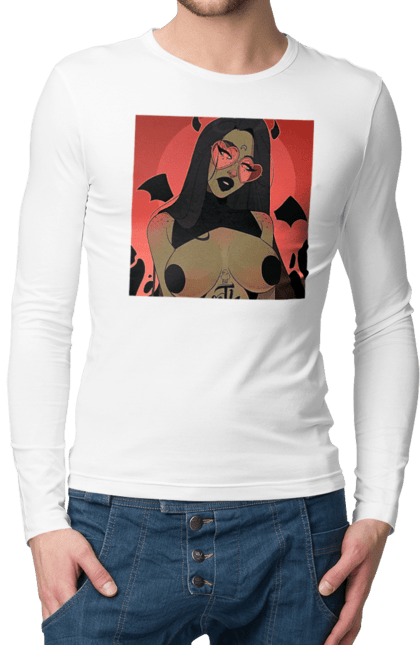 Чоловічий лонгслів з принтом "Диявол З Цицьками". Гола, диявол, сиськи. 2070702