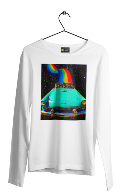 Чоловічий лонгслів з принтом "Картина, машина у космосі". Веселка, картина, космос, машина, подорожі, поїздка, прикол, ретро. 2070702