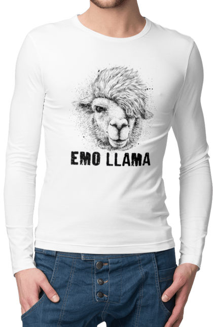 Чоловічій лонгслів з принтом "Емо Лама". Alpaca, animals, distressed, emo, funny, llama, vintage, емо, лама. 2070702