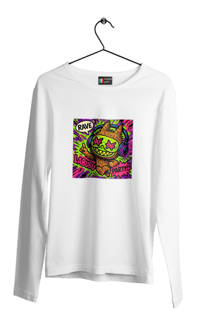 Чоловічий лонгслів з принтом "Лабубу". Вечірка, вуличне мистецтво, графіті, зоряніочі, коміксстиль, лабубу, навушники, неон, попарт, рейв. 2070702