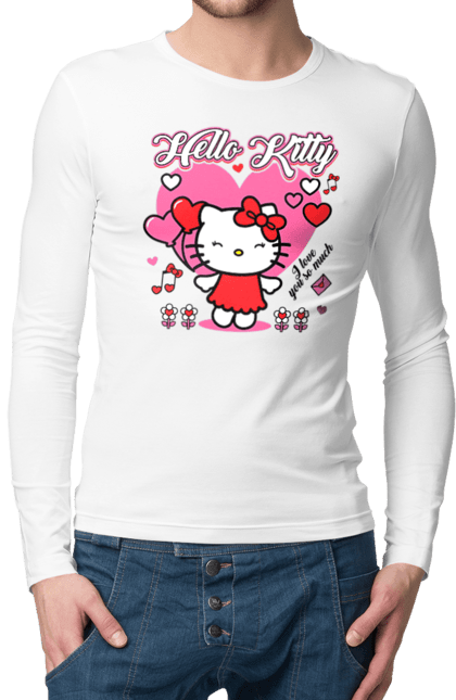 Мужской лонгслив с принтом Хелло Китти. Hello kitty, бренд, кот, котенок, персонаж, хелло китти. 2070702