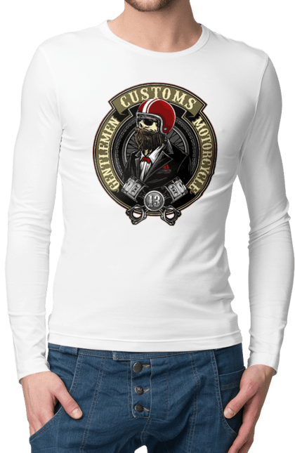 Men`s longsleeve with prints Gentlemen motorcycle. Gentleman, helmet, motorcycle, skull. 2070702