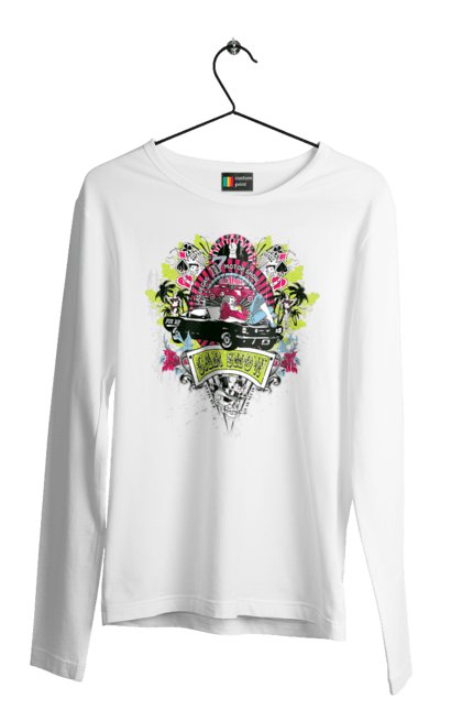 Чоловічий лонгслів з принтом "Автомобільне Шоу, Літо". Автомобіль, гроші, карти, пальма, шоу. 2070702