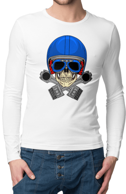 Чоловічий лонгслів з принтом "череп мотолюбитель". Байкер, окуляри, череп, шолом. 2070702