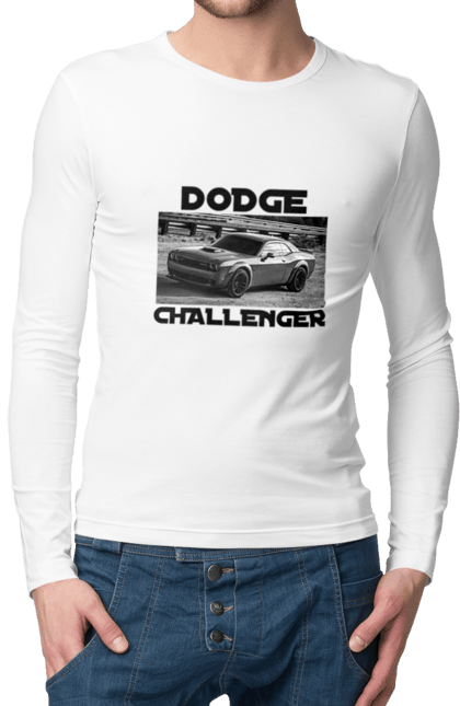 Чоловічий лонгслів з принтом "Додж челенджер". Авто, автомобіль, американська легенда, додж челенджер, класичне авто, культовий автомобіль, масл кар, потужний автомобіль. 2070702
