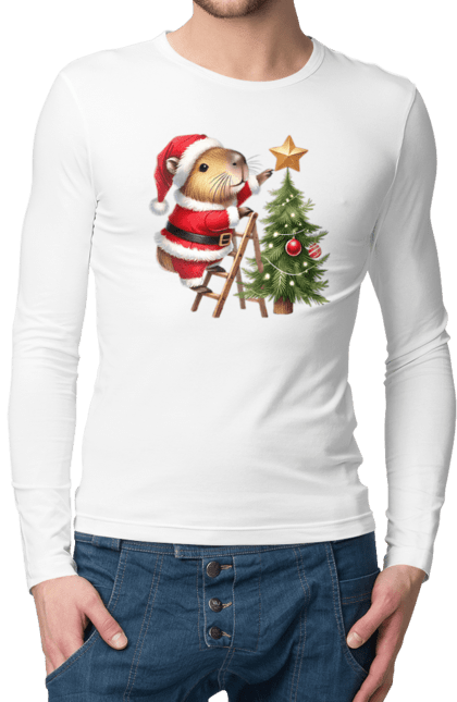 Men's longsleeve with prints Christmas Capybara with a Tree. Animal, capybara, christmas, christmas capybara, christmas tree, gift, holiday, new year, new year`s gift, santa. 2070702