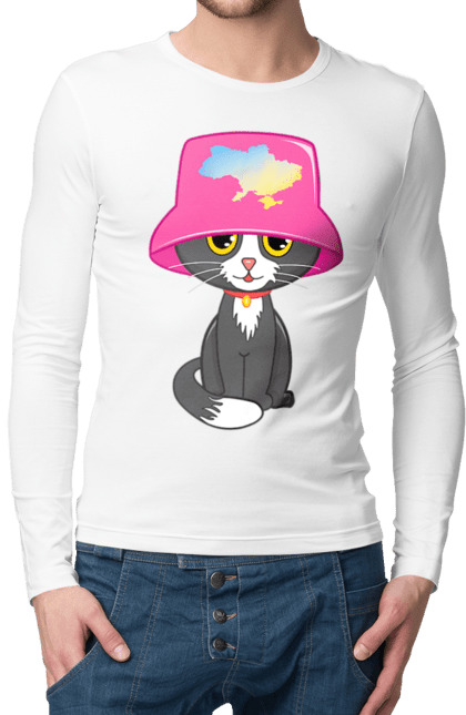 Чоловічий лонгслів з принтом "Котик з картою україни". Євробачення, калош, кіт, котик, музика, панама калоша, символ україни, україна. 2070702