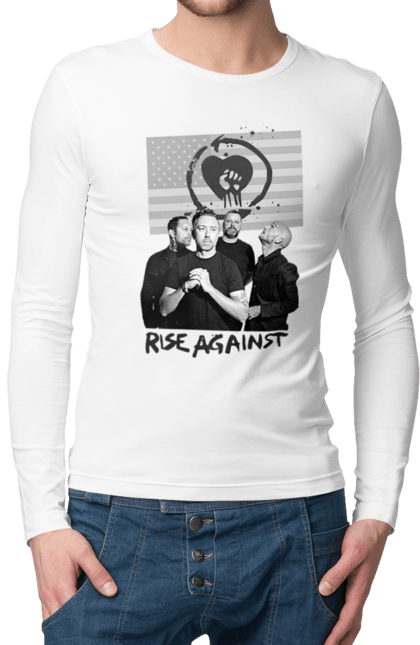 Чоловічій лонгслів з принтом "Rise Against. Real American punk rock". Tim mcilrath, мелодик хардкор, музика, панк рок, панк рок гурт, райс егейнст, сша, хардкор панк. KRUTO.  Магазин популярних футболок