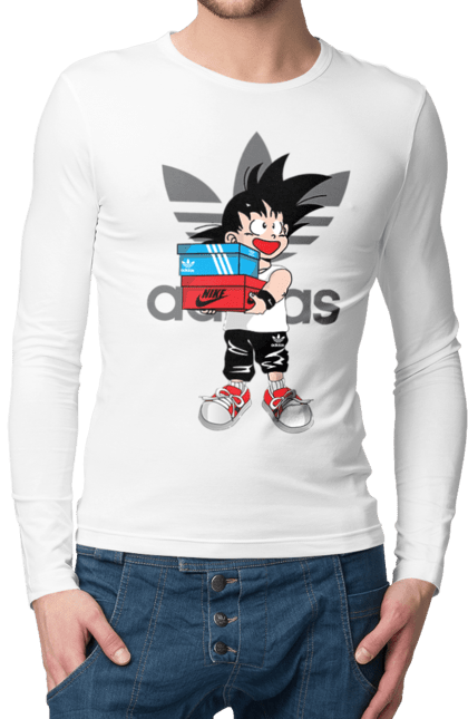 Мужской лонгслив с принтом Adidas Сон Гоку. Adidas, anime, dragon ball, son goku, адидас, аниме, гоку, жемчуг дракона, манга, сон гоку. 2070702