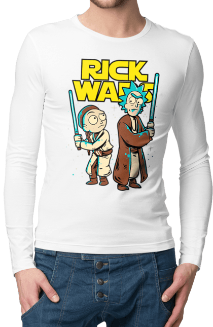 Мужской лонгслив с принтом Рик и Морти. Rick and morty, star wars, звездные войны, мультфильм, научная фантастика, приключения, рик, рик и морти, сериал. 2070702