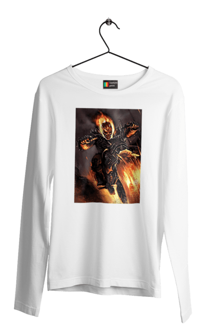 Чоловічий лонгслів з принтом "Пекельний Гонщик". Вогонь, мотоцикл, пекельний гонщик, скелет, чоппер. 2070702