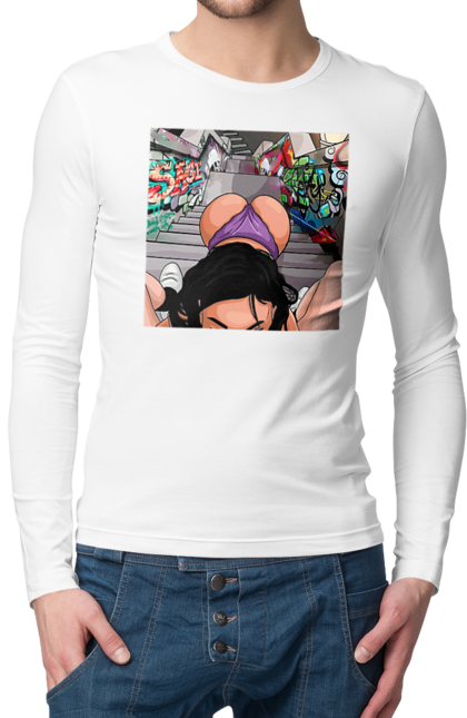 Чоловічий лонгслів з принтом "Дівчина На Колінах Перед Хлопчиною". Гола, жопа, на колінах, смоктати. 2070702