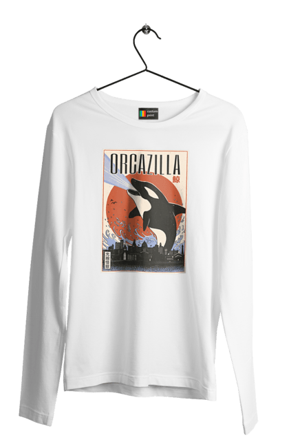 Men's longsleeve with prints Orcazilla. Cartoon style design, graphic, japan print, japanese, japanese art, japanese poster, japanese poster orca, ocean wildlife, orca, orcazilla. 2070702