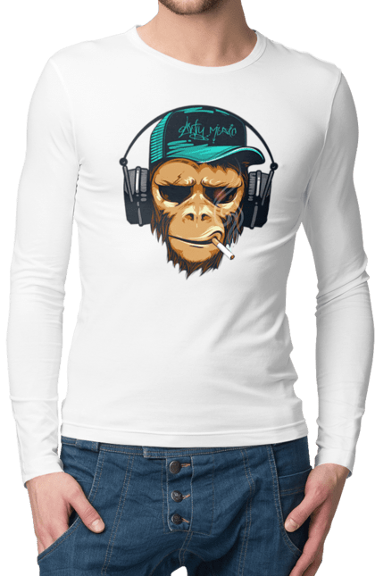 Чоловічій лонгслів з принтом "Шимпанзе в навушниках". Дискотека, музика, навушники, шимпанзе. futbolka.stylus.ua
