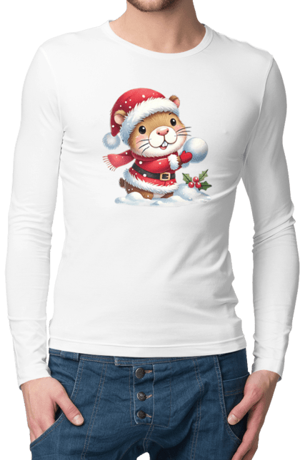 Men's longsleeve with prints Capybara playing snowballs. Animal, capybara, christmas, christmas capybara, game, gift, holiday, new year, santa, snowballs. 2070702