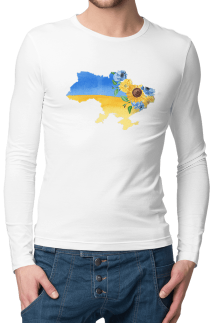 Чоловічій лонгслів з принтом "Квітуча Україна  квіткова синьо жовта карта України". Карта україни, квіти, мапа україни, ми з україни, патріотична, патріотична футболка, прапор україни, україна. CustomPrint.market