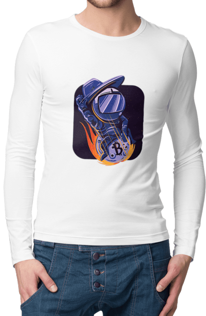 Чоловічий лонгслів з принтом "Космо біткоїн". Биткоин, бінарний, біткоїн, біткойн, валюта, гроші, крипто, програміст, хакер. 2070702