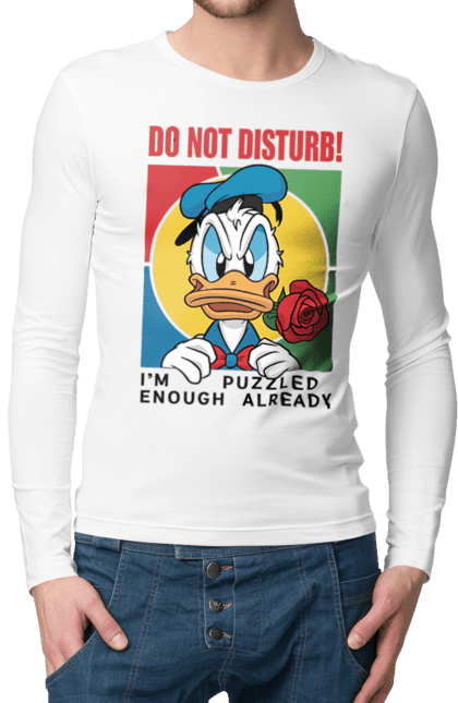 Чоловічій лонгслів з принтом "Дональд Дак Не турбувати!". Disney, do not disturb, donald duck, дісней, дональд дак, мультсеріал, мультфільм, не турбувати. 2070702