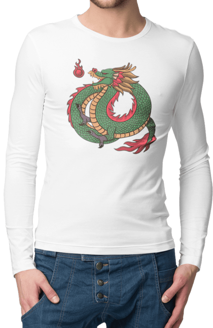 Men's longsleeve with prints The Dragon. Animal, chinese dragon, dragon, green dragon, symbol. 2070702
