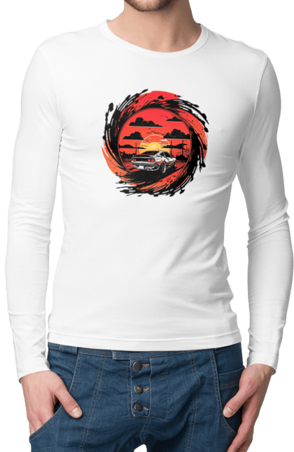 Чоловічий лонгслів з принтом "Феррарі на заході сонця". Авто, автомобіль, машини, феррарі. 2070702