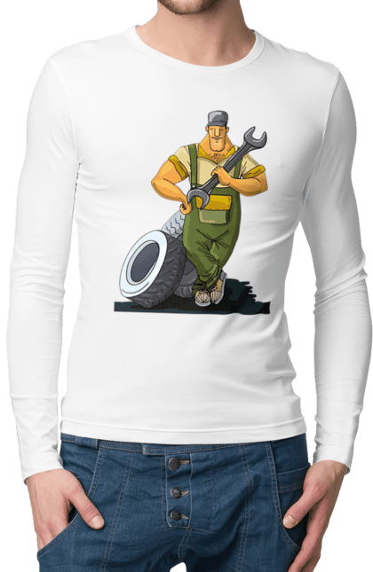 Чоловічий лонгслів з принтом "Автомайстер". Гайковий ключ, колеса, професія. 2070702