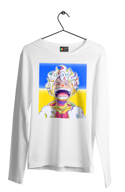 Мужской лонгслив с принтом Монки д Луффи смеется на желтом синем фоне.. Ван пис, луффи, монки д. луффи, символ украины, украина, флаг украины. 2070702