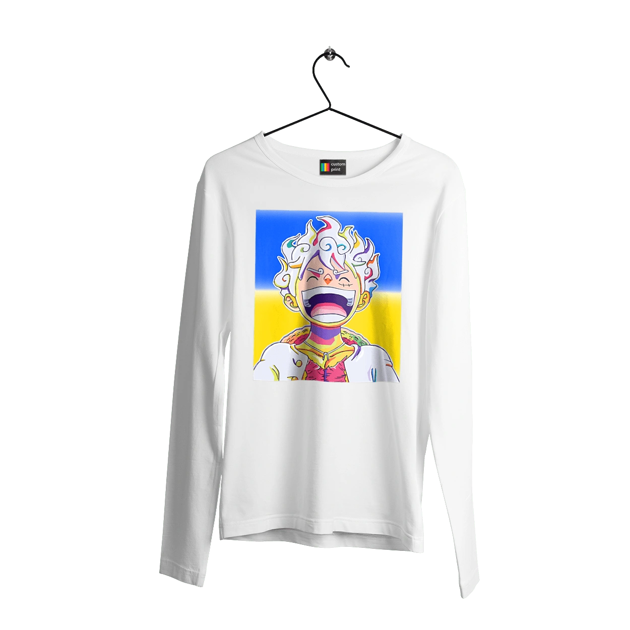 Monkey D Luffy laughing on a yellow blue background