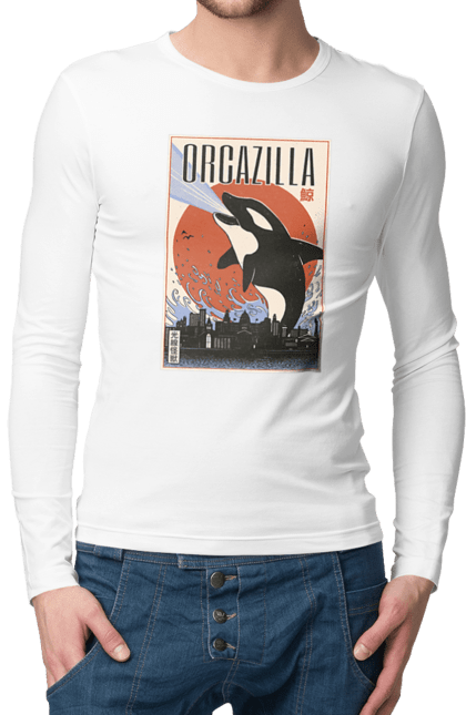 Men's longsleeve with prints Orcazilla. Cartoon style design, graphic, japan print, japanese, japanese art, japanese poster, japanese poster orca, ocean wildlife, orca, orcazilla. 2070702