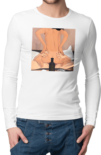 Чоловічий лонгслів з принтом "Гола Дівчина, Пляшка І Сигарети". Гола, зверху. 2070702