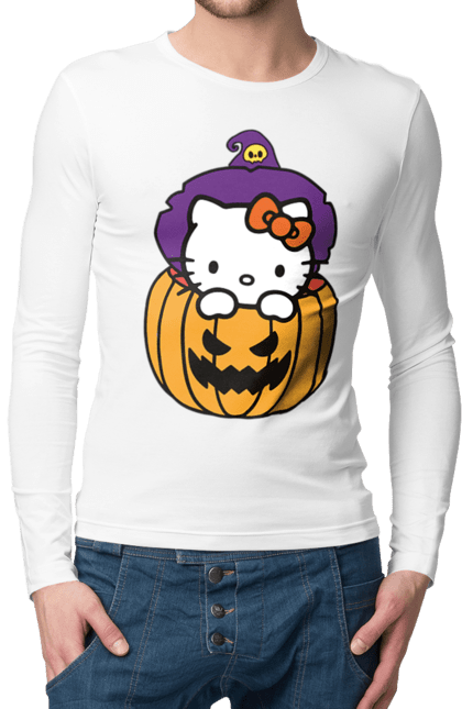 Чоловічій лонгслів з принтом "Хелло Кітті Хелловін". Halloween, hello kitty, witch, бренд, відьма, кіт, кошеня, персонаж, хелло кітті, хелловін. 2070702