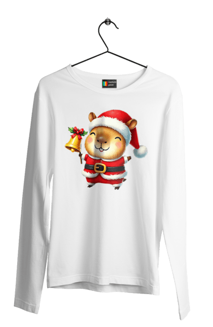 Men's longsleeve with prints Funny capybara with a bell. Animal, bell, capybara, christmas, christmas capybara, gift, holiday, new year, new year`s gift, santa. 2070702