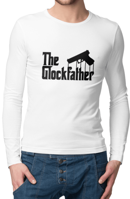 Мужской лонгслив с принтом The GlockFather. Gangster, glockfather, godfather, godfather reference, гангстер, глок, огнестрельное оружие, оружие, пистолет. 2070702