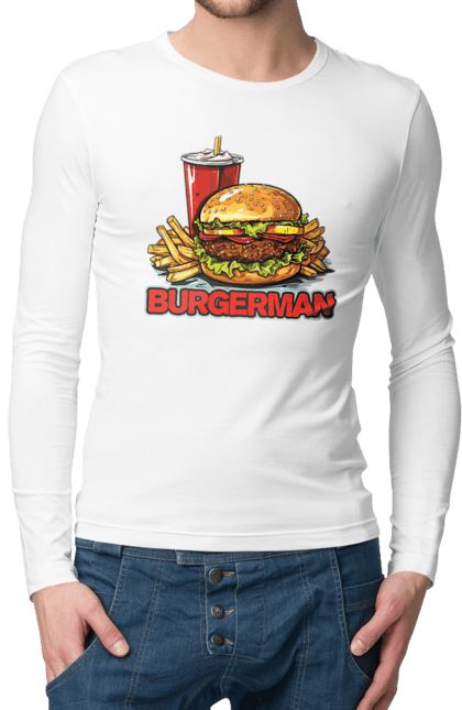 Чоловічий лонгслів з принтом "Burgerman". Бургер, для чоловіків, їжа, літні, макдональдс, прикольні, трендові, фаст фуд, чоловічі. 2070702