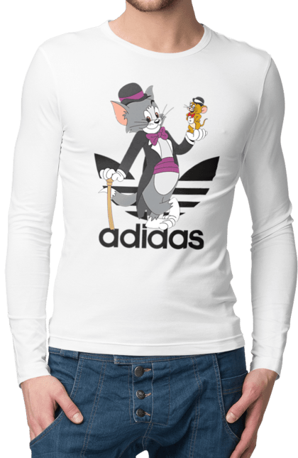 Мужской лонгслив с принтом Adidas Том и Джерри. Adidas, tom and jerry, адидас, джерри, кот, мульт, мультсериал, мышь, том, том и джерри. 2070702