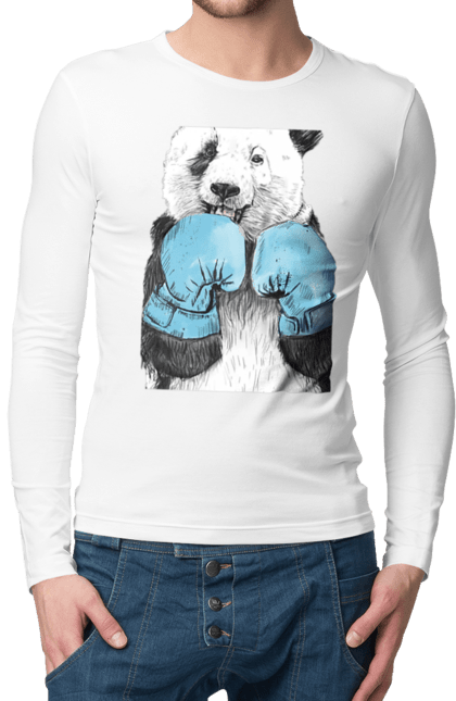 Чоловічій лонгслів з принтом "Панда Боксер". Бокс, гумор, дизайн, мода, панда, спорт, стиль, тварини. CustomPrint.market