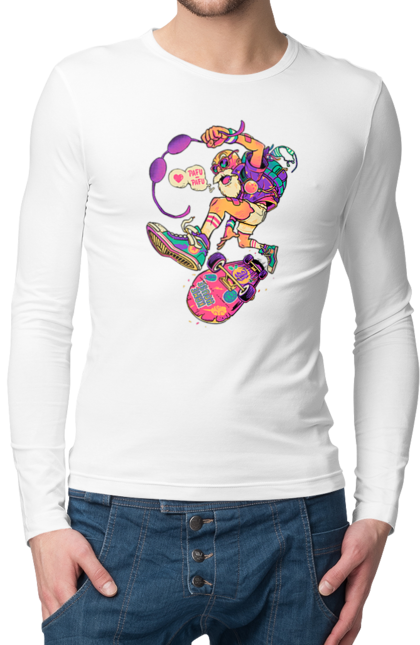 Чоловічий лонгслів з принтом "Дід на хвилі". Будь молодим, вогонь, ганяй, грай, дід та скейт, драйв, крутий дід, молодість у душі, спорт, старість. 2070702