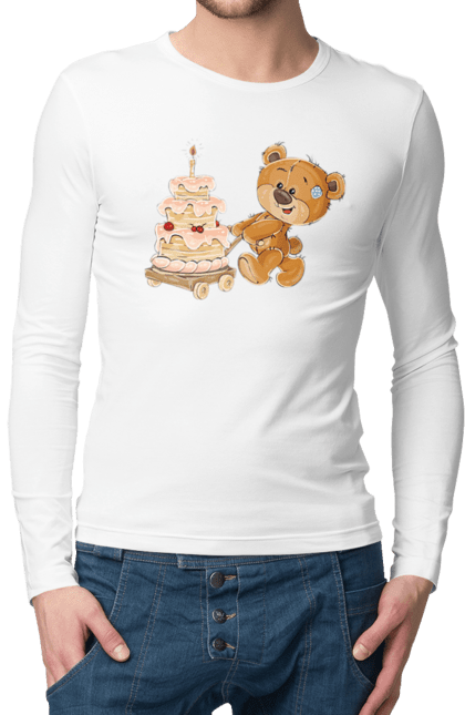 Чоловічій лонгслів з принтом "Ведмедик з тортом". Ведмідь, день народження, медвеженок, торт. futbolka.stylus.ua
